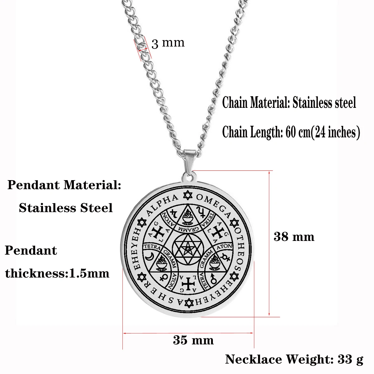 Enochian Angel Magic Amulet Alpha Omega AGLA Tetragrammaton Talisman Triangle Star of David Stainless Steel Pendant Necklace