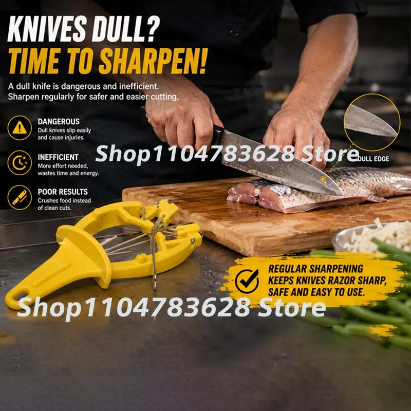 Knife Sharpener for Kitchen , Professional Manual Knife Sharpening Tool with  Steel Rods, V-Shaped Blade Guide, Safety Guard,