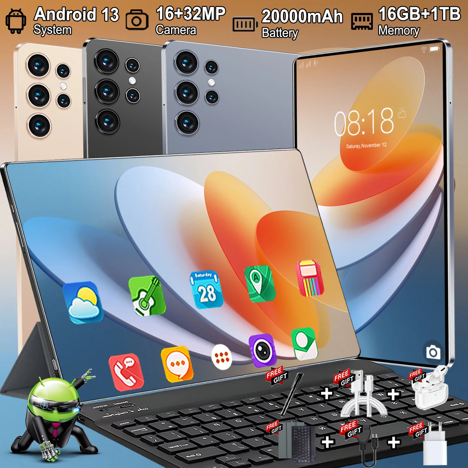 Tablet PC 2026 de Última Generación, 10.36 Pulgadas, 5G, Android 13, Procesador Turbo de 14 Núcleos, 16GB+1TB de Almacenamiento, Batería Gigante de 20000mAh, Lente HD Frontal de 16MP y Trasera de 32MP, Ultra Delgada, Doble SIM, WiFi, Bluetooth, Ideal para Estudiantes, Juegos y Oficina