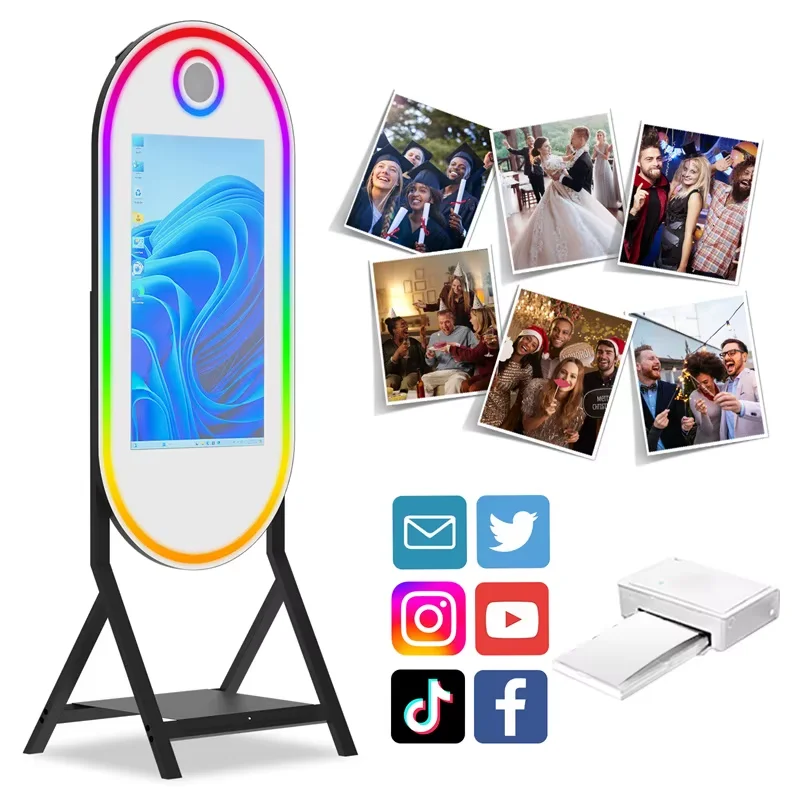 

55-inch imitation wood grain foot magic mirror photo booth, 32-inch touch screen magic mirror, built-in mini computer, with flig