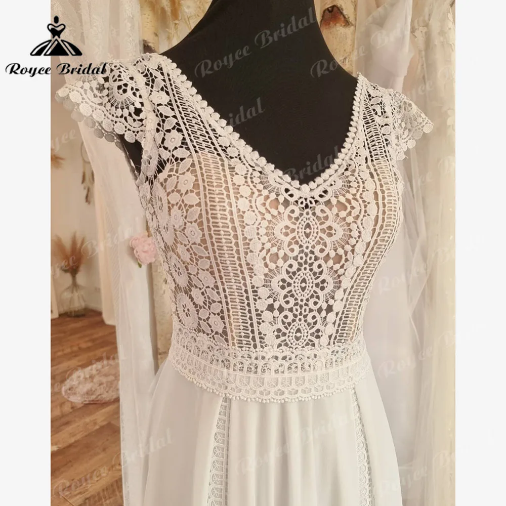 casamento civil Chiffon Lace Cap Sleeve Boho Beach Bohemian Wedding Dress with V Neck 2024 Bridal Gown vestido de novia bohemio