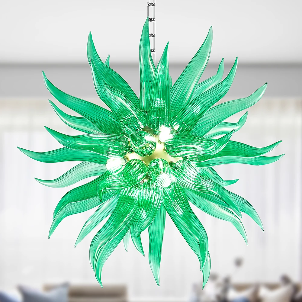 Sunflower Green Color LED Pendant Light Fixture Blown Glass Chandeliers Modern Lamps for Bedroom Living Room Dining Room