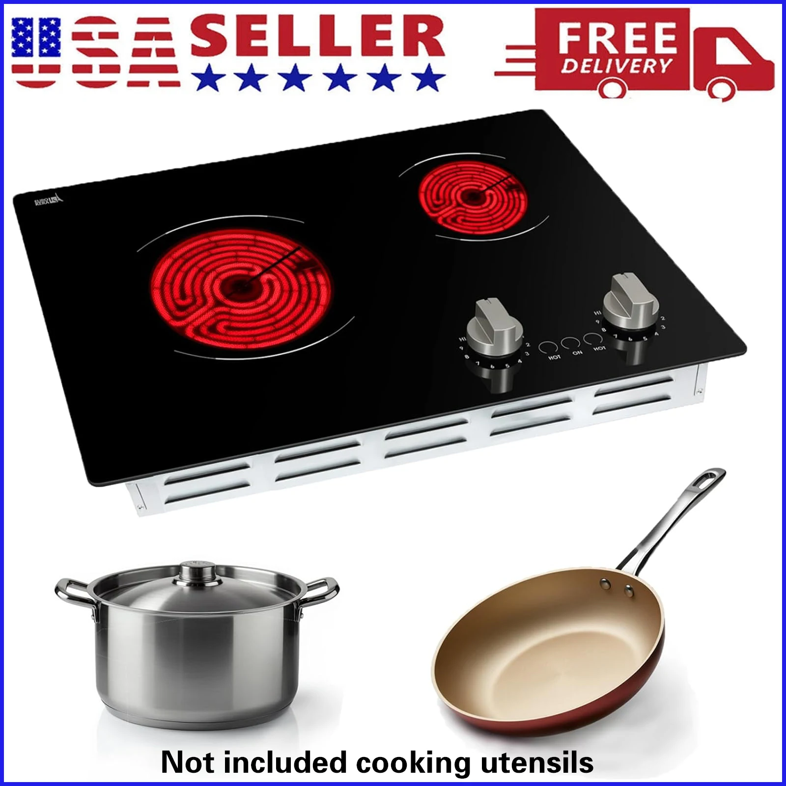 21 Inch 2 Burners Electric Cooktop 3700W Apartment Electric Stove Top Double Radiant, UL Certified, 9 Heating Level Knob Control, Overheating Protection, 110V-240V Ceramic Glass Cooktop