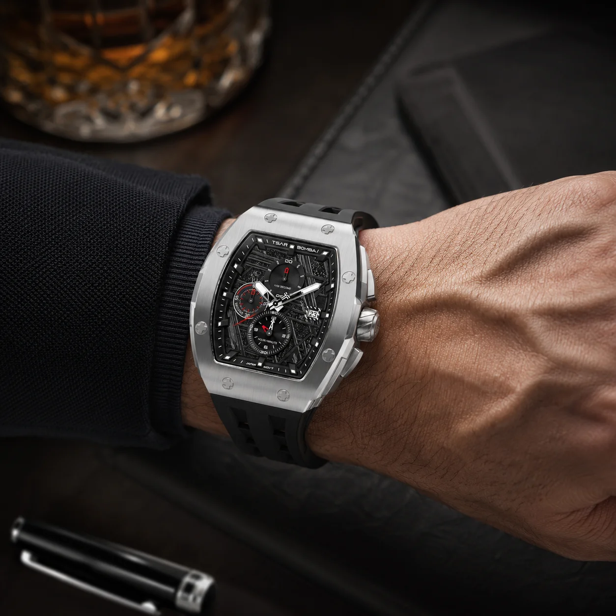 TSAR BOMBA Men Quartz Watch Sapphire Crystal 316L Steel Silicone Strap 50M Waterproof Chronograph Shock Resistant Luxury Gift