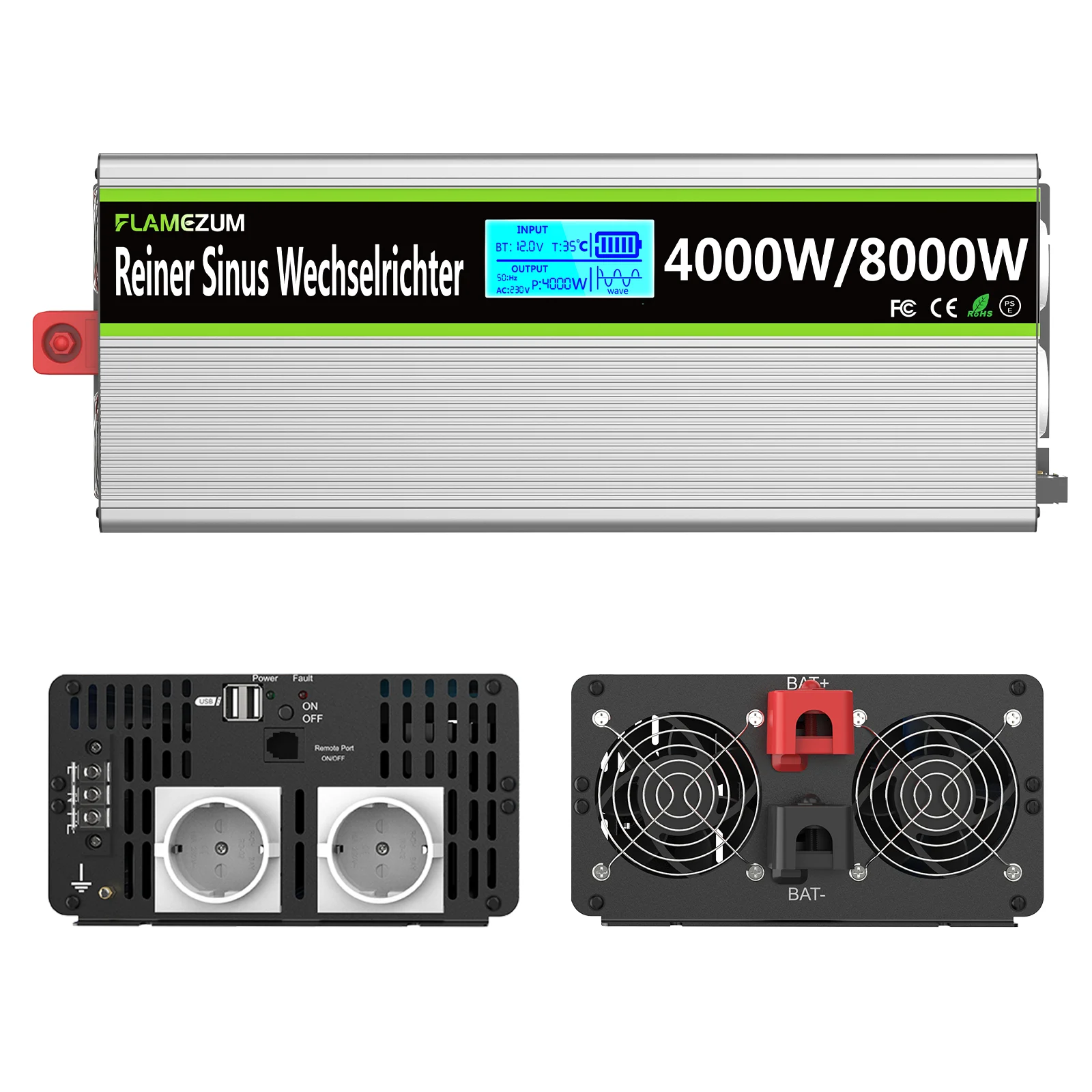 4000W Reiner Sinus-Wechselrichter DC 12V 24V zu AC 230V 8000W Spitzenleistung LCD-Display Fernbedienung für Haus, Wohnmobil, Autozubehör