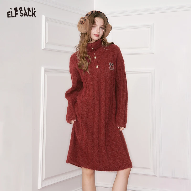 ELFSACK Damen-Winterpullover, langärmelig, Rollkragenpullover, Vintage-Stil, Zopfmuster, lockere Passform, romantisch, pastoral, süß