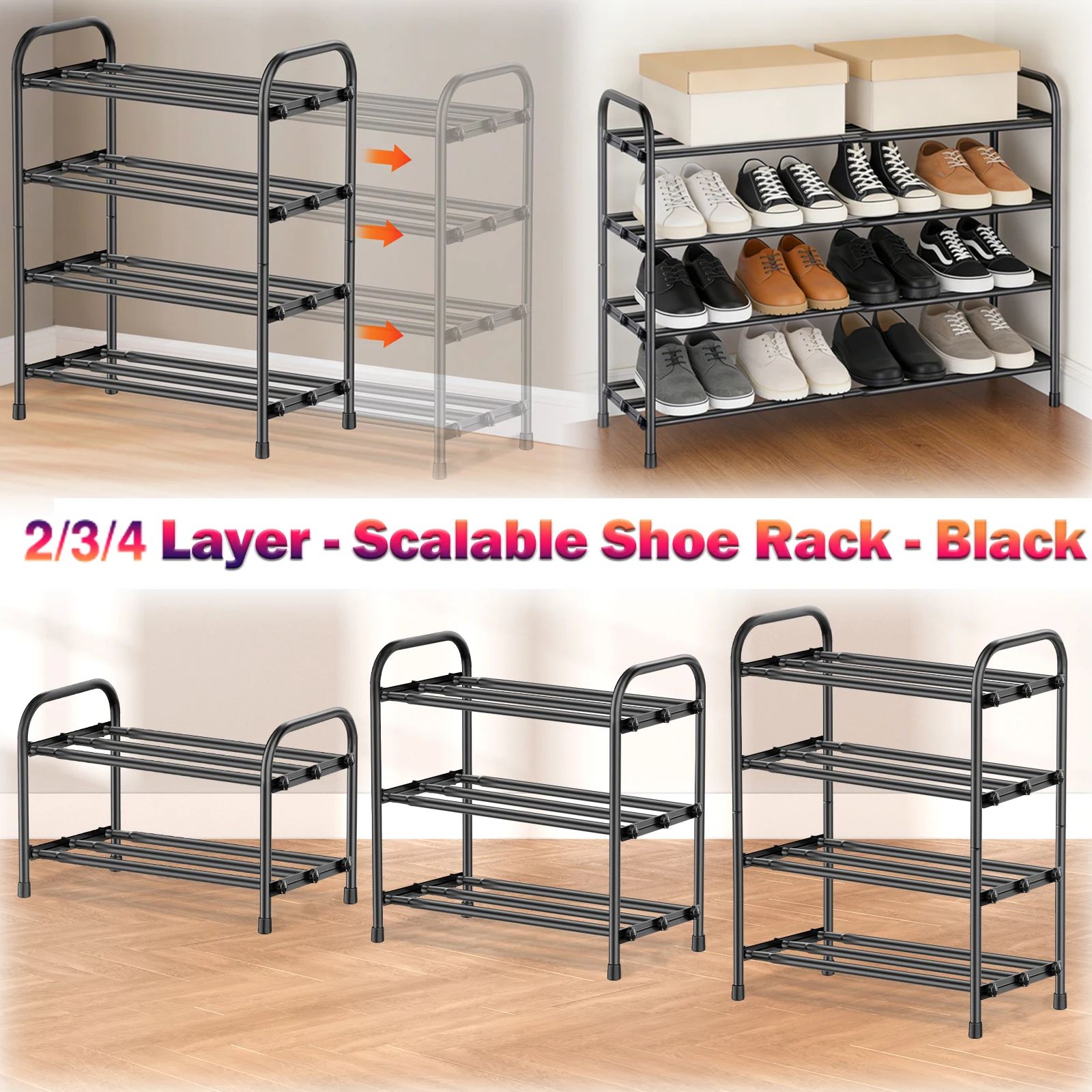Mehrstöckiges Schuhregal mit 2-4 Ebenen, Teleskop-Schuhregal aus Metall für 4-16 Paar Schuhe – Verstellbare Breite 43-78 cm, Montage ohne Werkzeug – Für Zuhause, Wohnung, Eingangsbereich