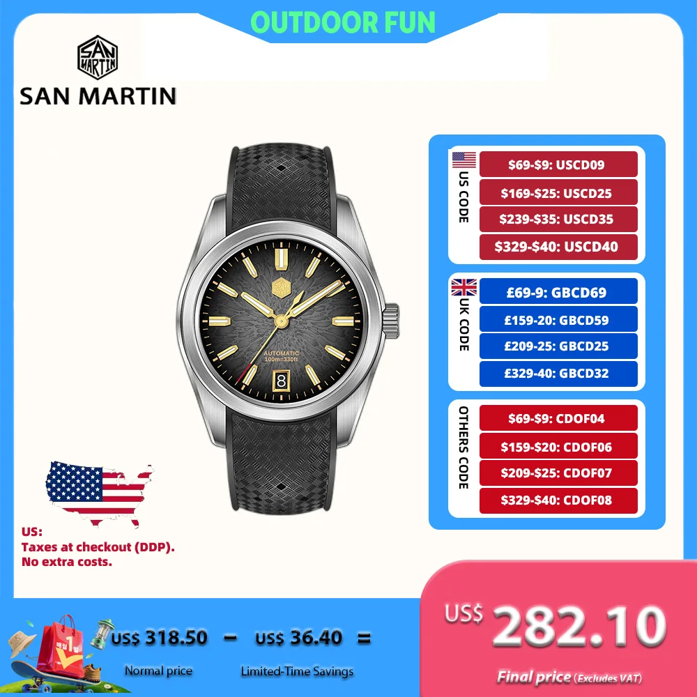 

San Martin GADA JianZhan 36/39/42 мм Мужские часы Автоматические изогнутые концевые звенья Версия FKM Резиновый ремешок BGW-X1 Платье SN0144GS/X/L-3