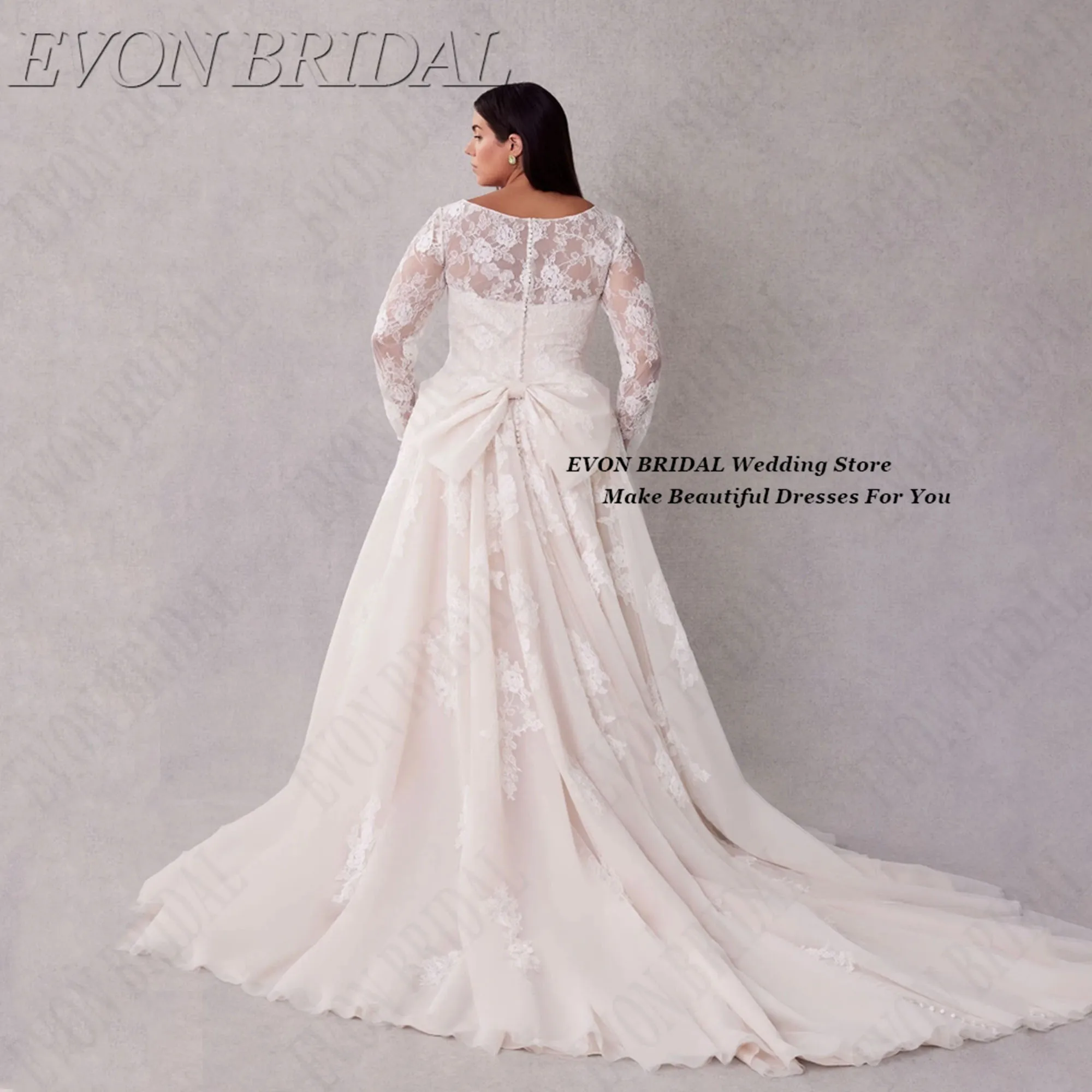 Back Removable Bow Wedding Dress Large Sizes Customized Full Sleeve Lace Appliques Bride Gowns EVON BRIDAL O-Neck vestidos de no