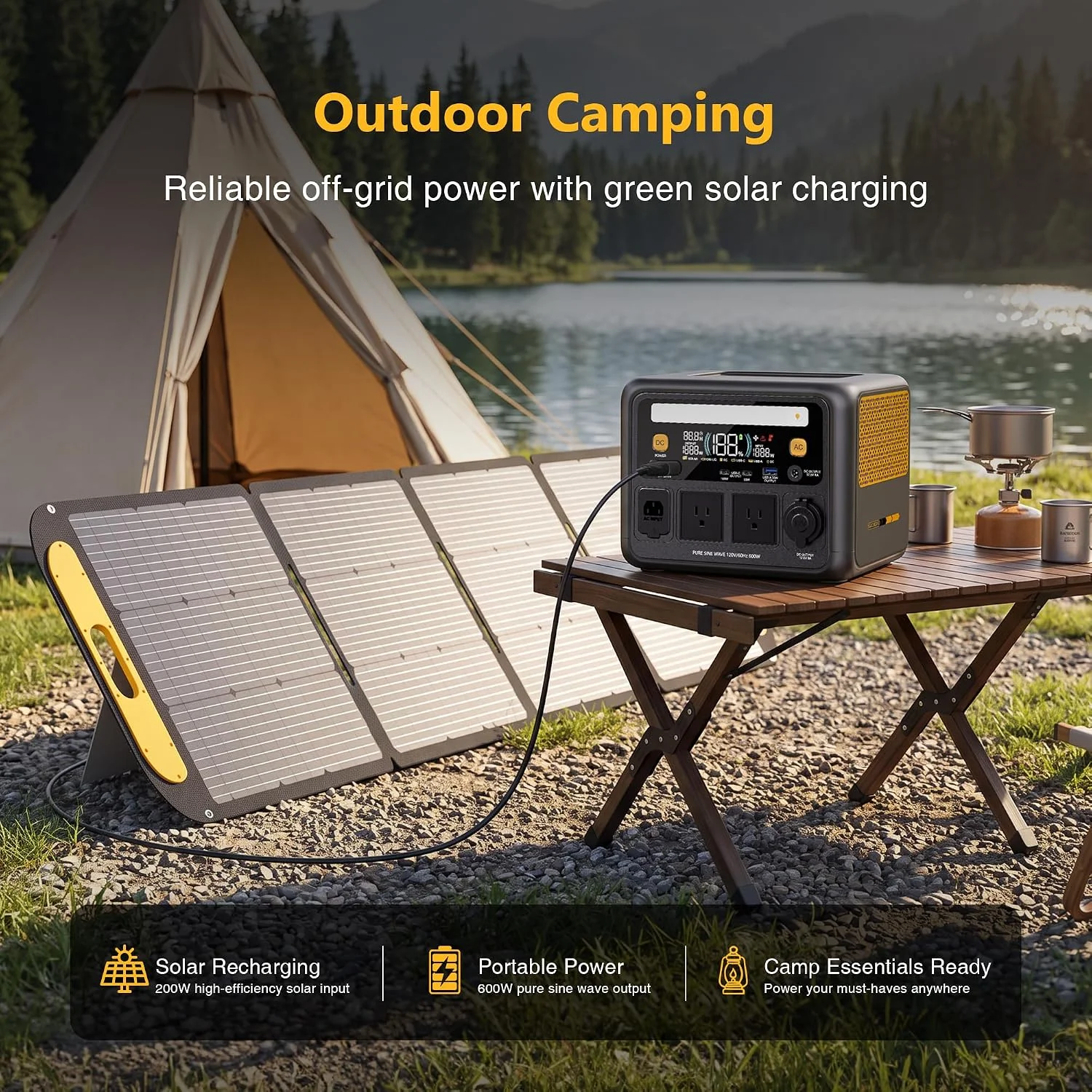 VTOMAN Jump 600X 600W Portable Power Station with Foldable 200W Solar Panel 170W AC Input, 100W USB-C Output, 268.8Wh LiFePO4 Battery Backup Power Supply for Camping, RV, Travel, Outage, Emergency