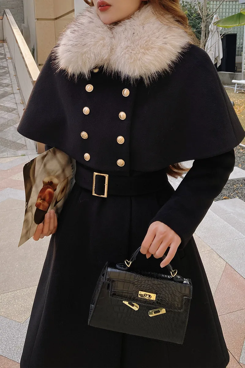 

Dabuwawa Fur Collar Double Sided Woolen Long Coat Women New Arrival Cloak Sleeves Double Breasted Jacket Millitary DM1DCO024