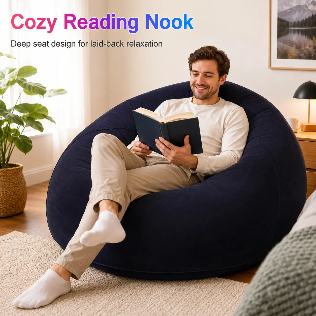 1PC Inflatable Bean Bag Chair, Portable Air Sofa Lazy Lounge Seat with Foot Pump, Flocked Floor Couch for Bedroom Living Room