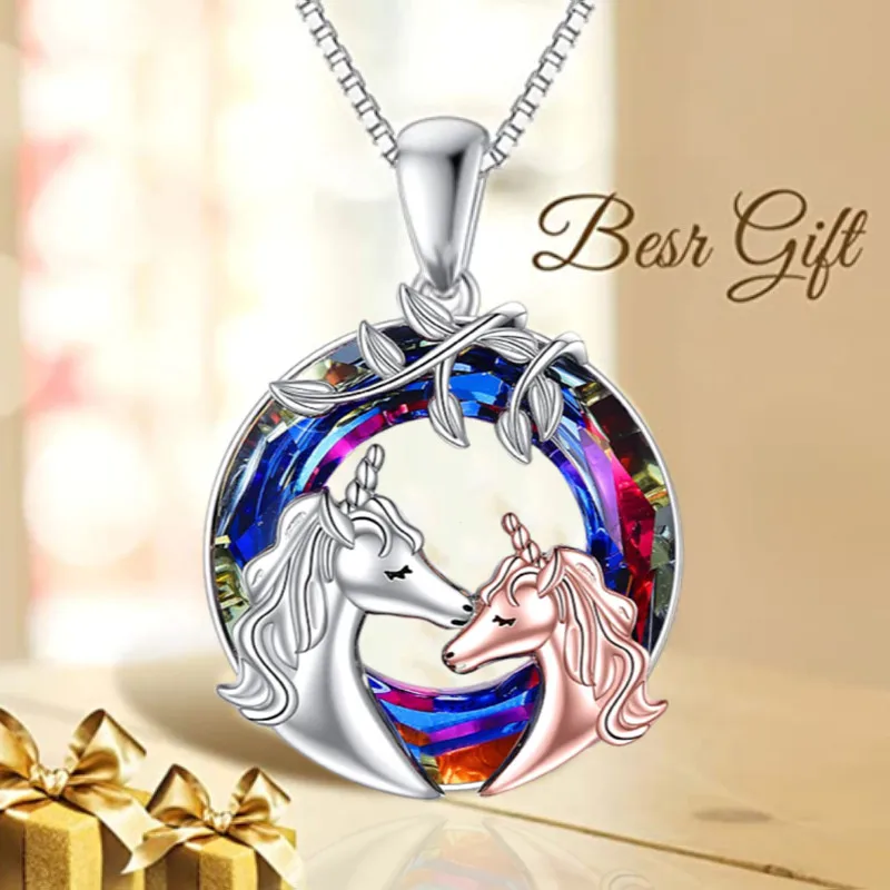 من المألوف لطيف الميمون يونيكورن قلادة جميلة فرس والطفل الحصان يخطو على الملونة محظوظ دائرة قلادة هدية