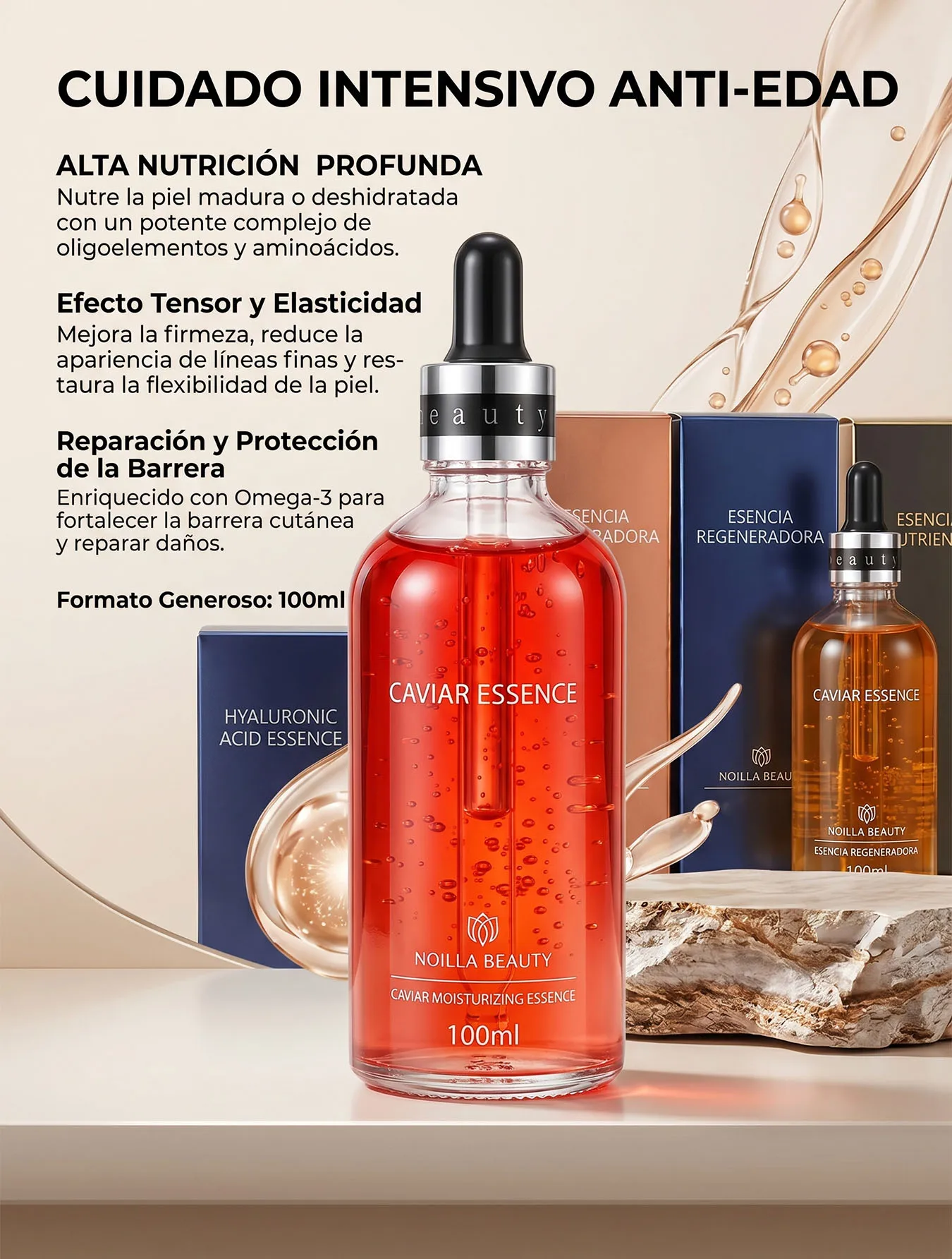 Sérum Facial Antiedad de Nutrición Profunda 100ml Esencia Roja con Efecto Tensor y Omega-3 Suero Rejuvenecedor con Aminoácidos para Firmeza y Elasticidad Tratamiento Intensivo Contra Arrugas y Líneas Finas