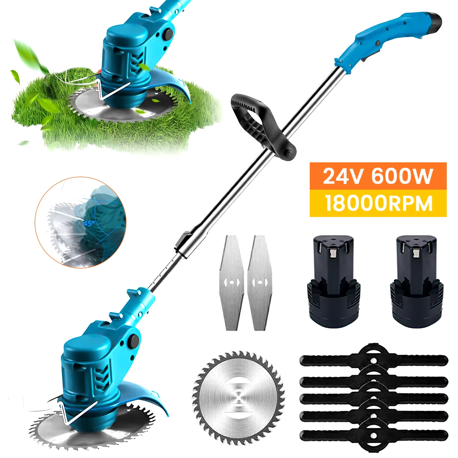 600W Electric Lawn Mower wide cut Wood Trimmer Adjustable With 2pcs 24V Battery Handheld Garden Power Pruning