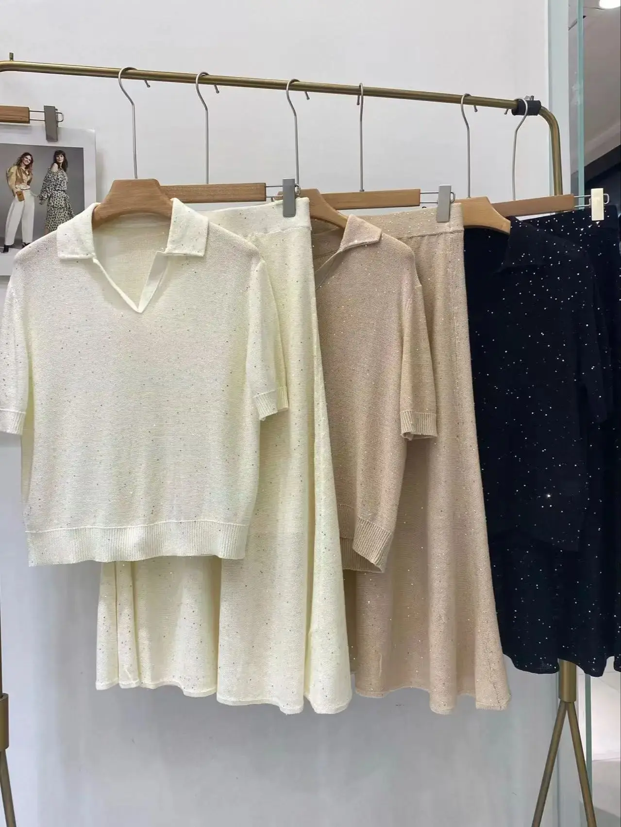 Spring casual women's fashionable silk linen sequined skirt suit