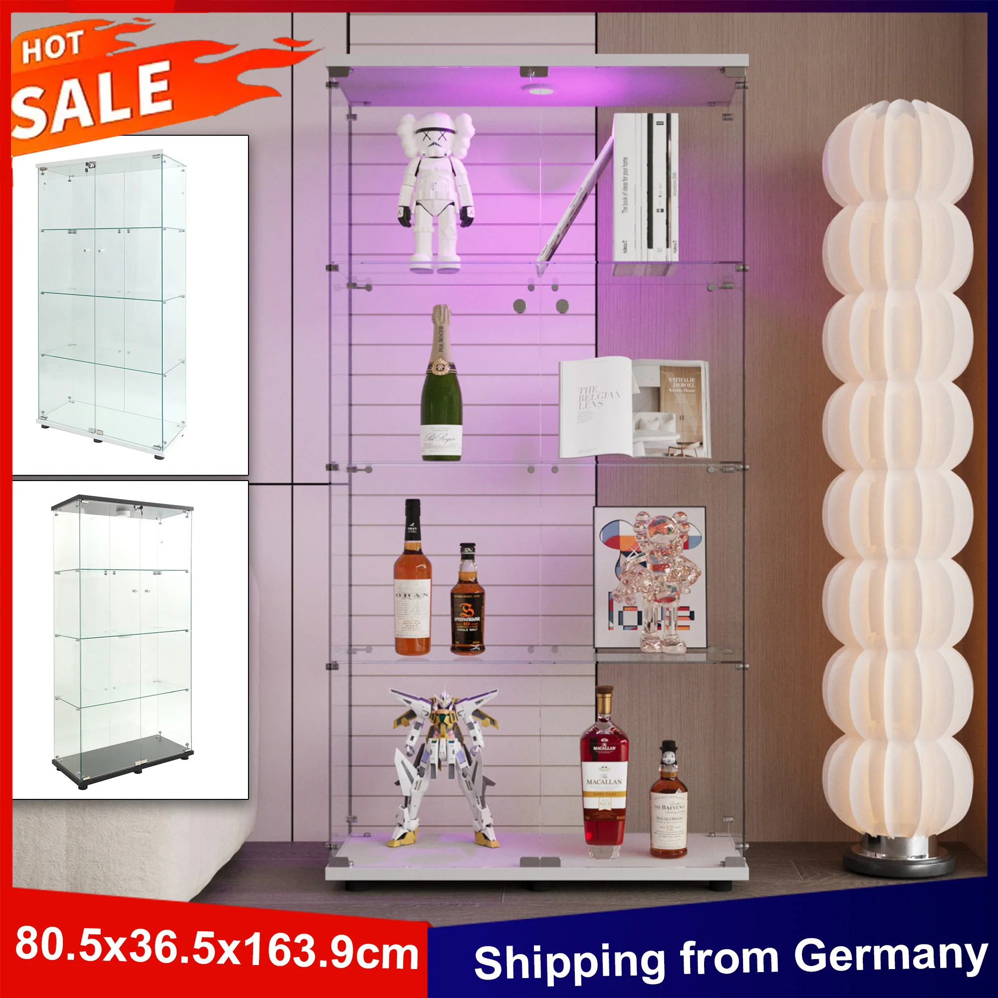 Anajqaqia vitrine en verre,4 étagères avec 2 portes et lumière LED, vitrine de collection, vitrine en verre pour salon, chambre à coucher
