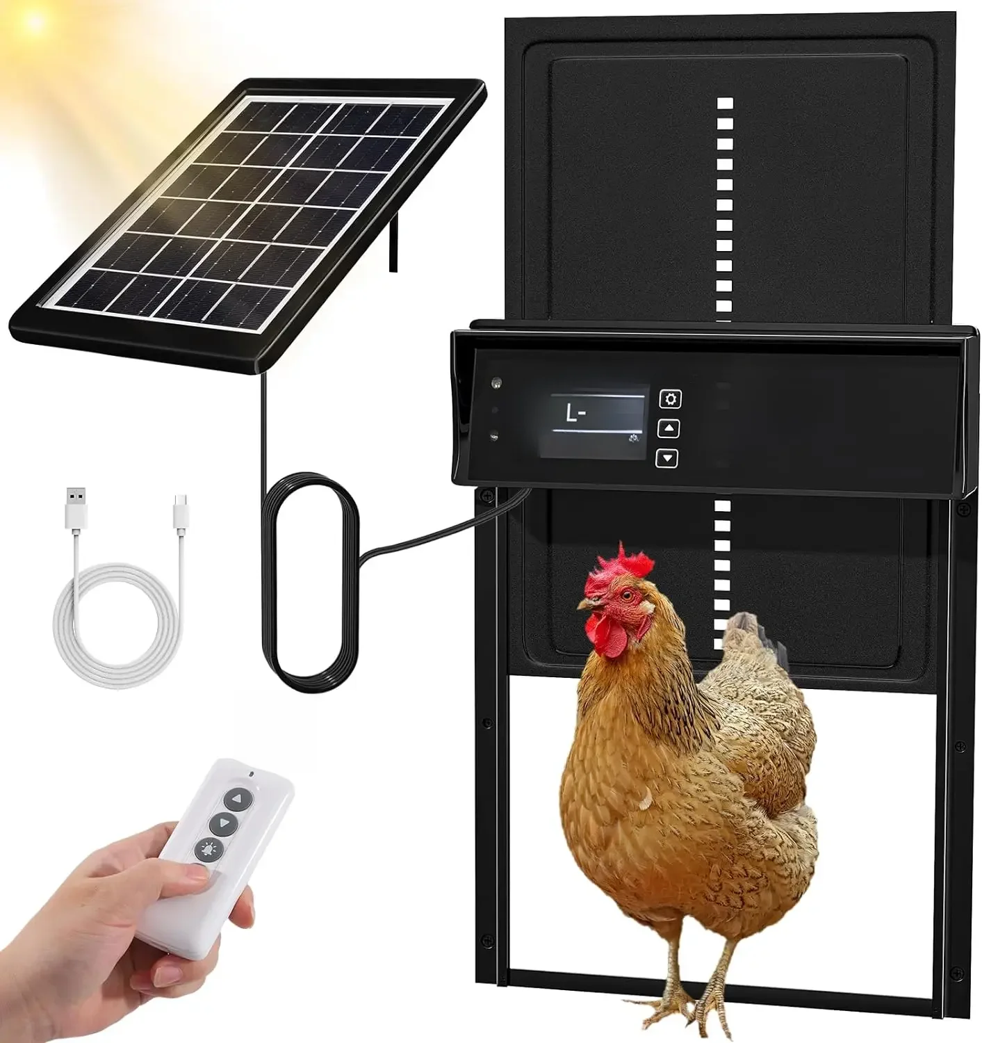 Zonne-kippenhokdeur, automatische kippendeur op zonne-energie en opladen via USB, automatische kippendeur 4-modi met timer en lichtsensor - afbeelding 2