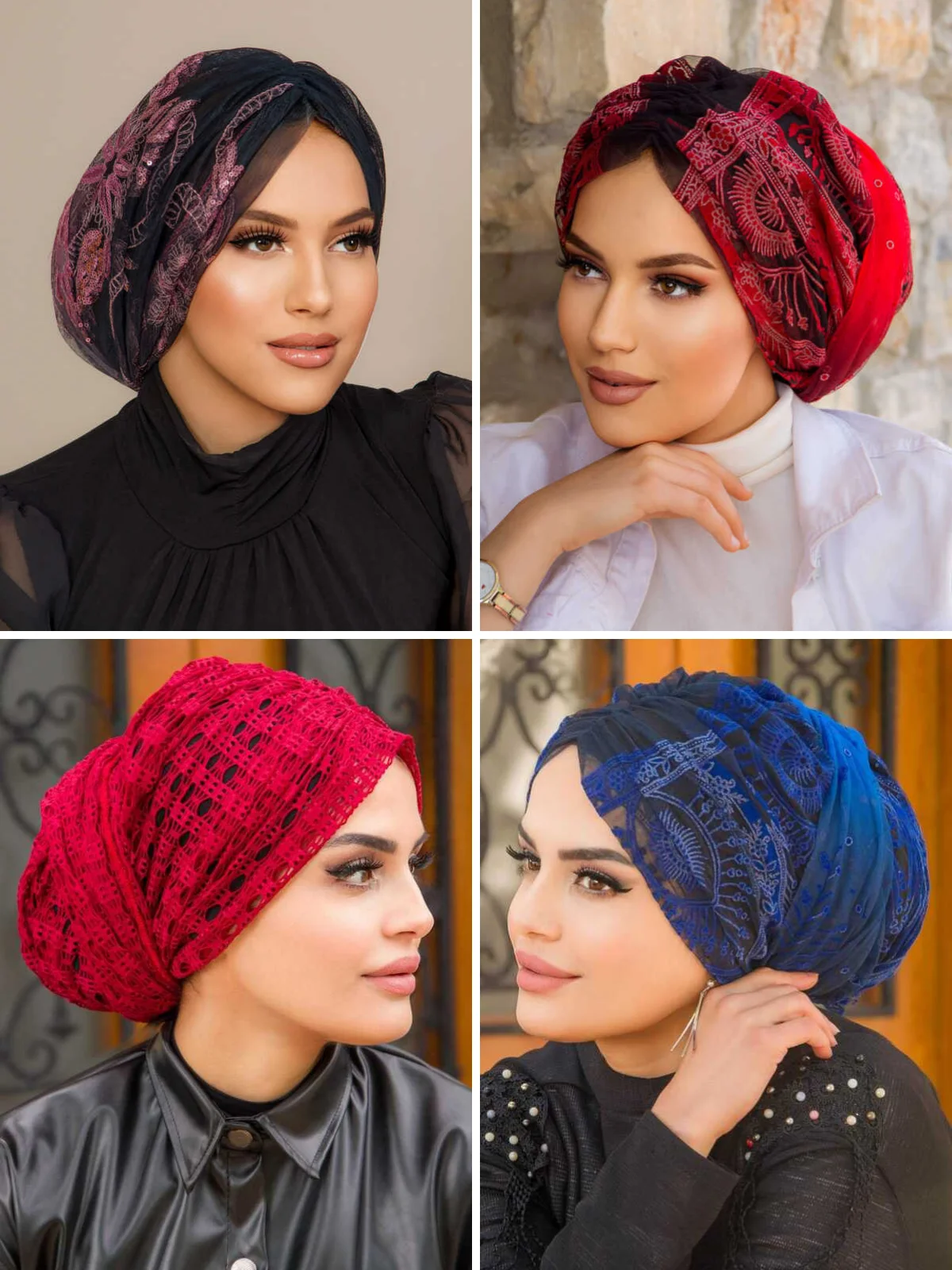 Gathered Wrap Bonnet, Stoned Tulle Lace Turban Scarf Hijab Clothing Muslim Fashion Casual Shawl Modern and Stylish Women 60111