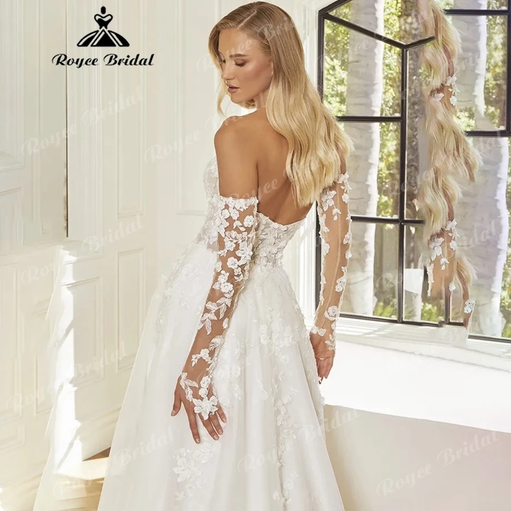 Elegant Strapless 3D Floral Lace Wedding Dress With Detachable Sheer Sleeves High Slit Tulle Bridal Gown with Train Customizable
