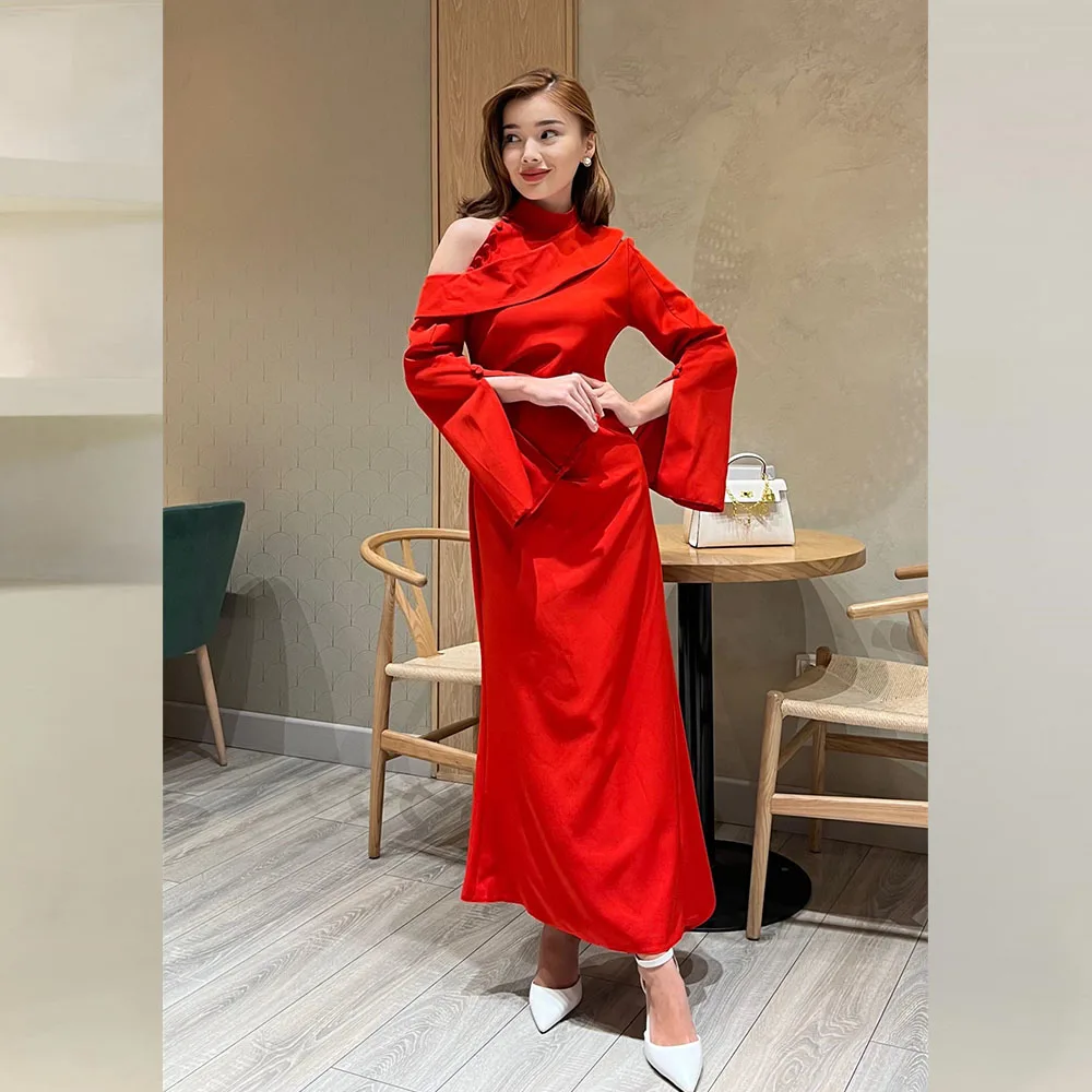 Customized Casual Prom Gown High Collar Solid Color Birthday Party Dresses For Women Ankle-Length Daily فساتين للحفلات الراقصة