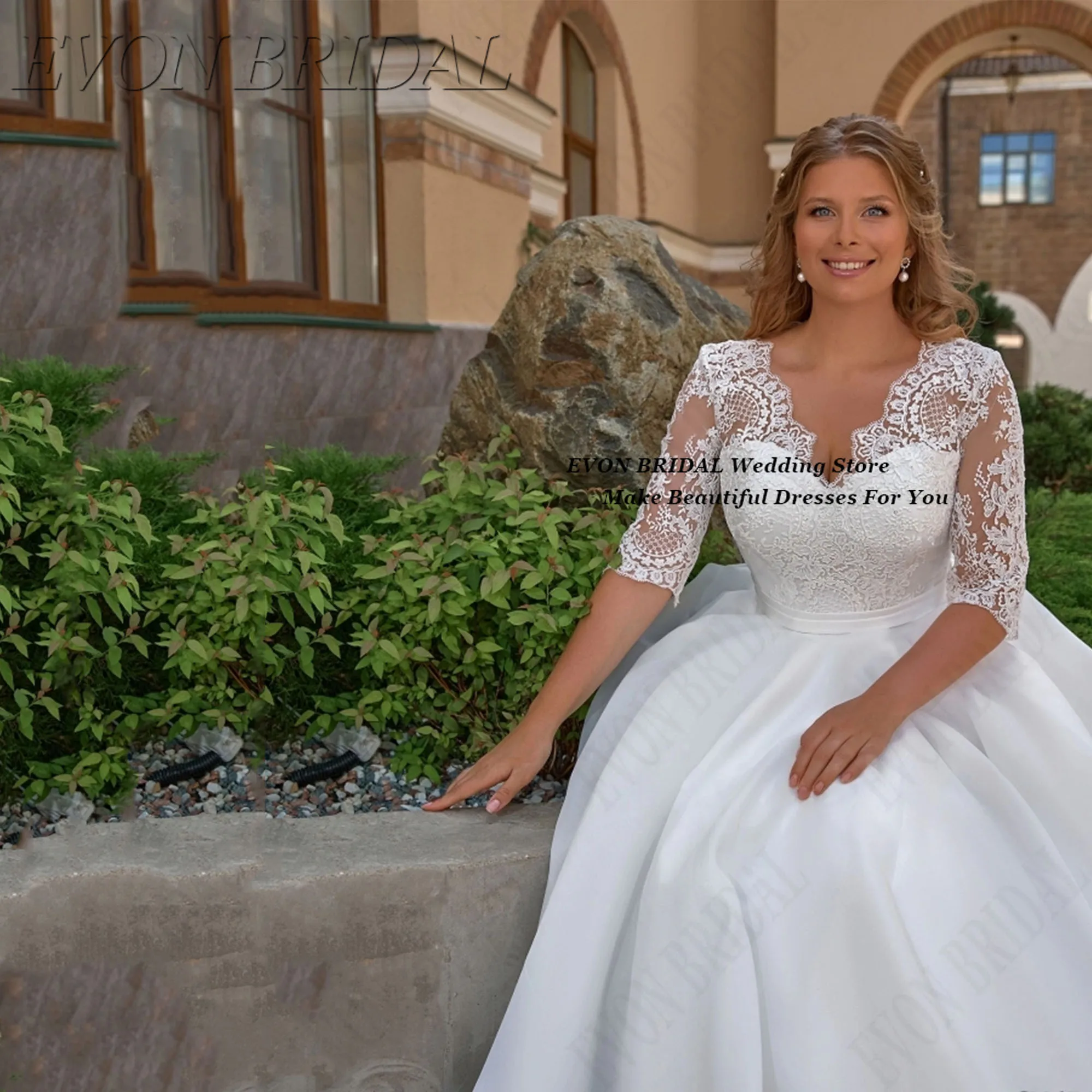 EVON BRIDAL A-Linie Brautpartykleid mit V-Ausschnitt, Übergröße, Applikationen, Brautkleid 2025, Schnürung, bodenlanges Hochzeitskleid, individuell gestaltet