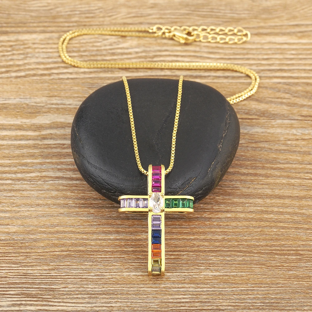 Nidin New Trendy Religious Style Inlaid Colorful Zircon Cross Pendant Necklace For Women Christian Clavicle Chain Accessories