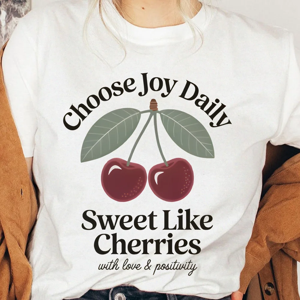 

Футболка Cherry Joy, белая футболка с вдохновляющим вишневым текстом и графикой, повседневная свободная футболка с короткими рукавами, удобный топ с положительной вибрацией