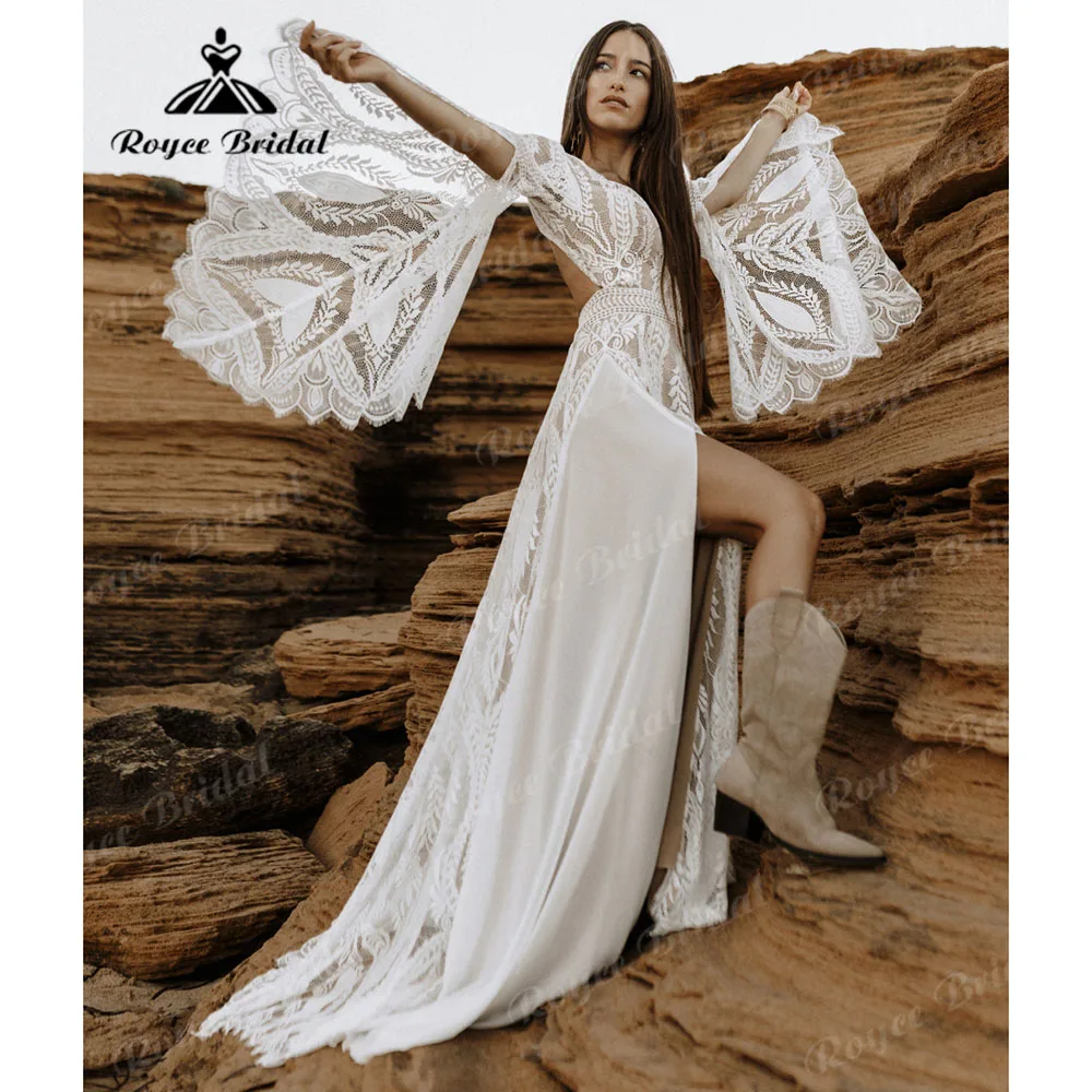 vestido de novia bohemio Boho Lace Long Sleeve Backless Split Side Wedding Dress for Women 2025 V Neck Bridal Gown Customized