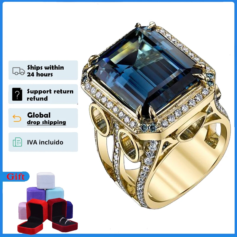 HOYON 18K Gold Color Natural Sapphire Style Ring for Men 925 Jewelry Fine Anillos De Wedding Bizuteria Blue Gemstone Ring Free