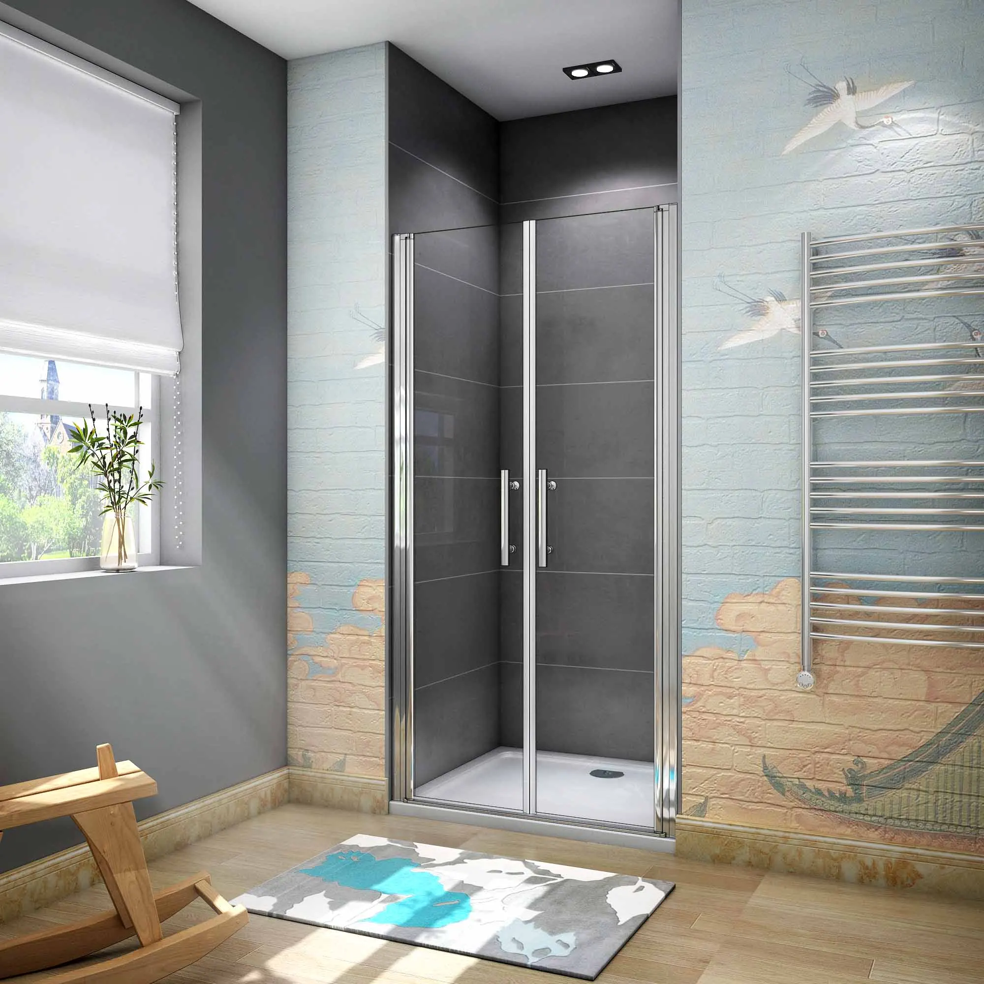 195 cm Box Doccia Per Nicchia Porta Battente Saloon 2 Ante 70/75/80/85/90/100/110/120/140cm in Vetro 6 mm Temperato Trasparente Anticalcare