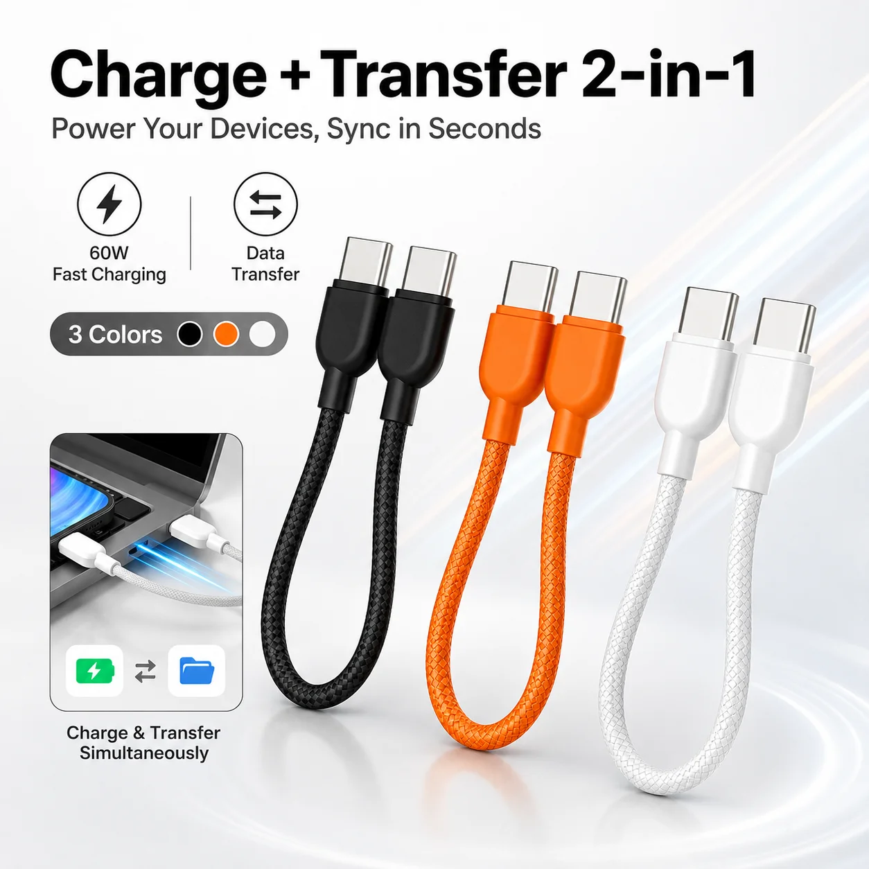 Portable USB C to USB C Short Cable Braided Type C Charge Data Sync Cord for Power Bank Phone Tablet with Storage Clip Travel