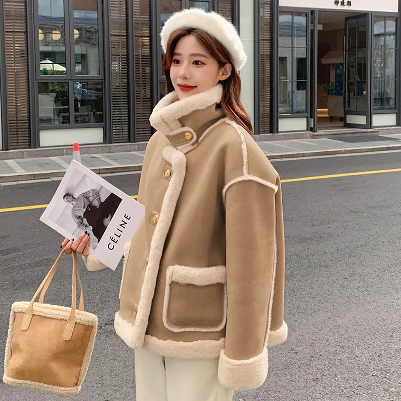 Leather Fur Integrated Lamb Plush Jacket Women\'s Winter 2023 New Thickened Short Cotton Coats