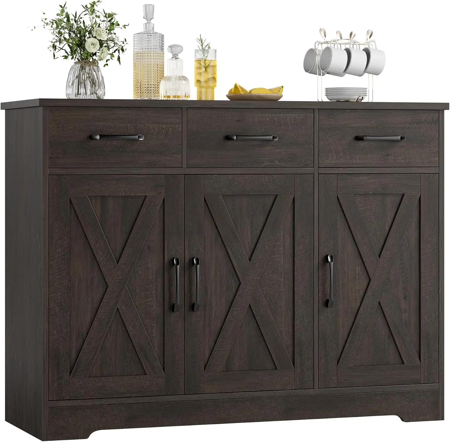 Kitchen Buffet Cabinet With Storage, Sideboard Coffee Bar, Brown Farmhouse Kitchen Storage Cabinet With 3 Drawers & Adjustable Shelf & Doors, 42.5