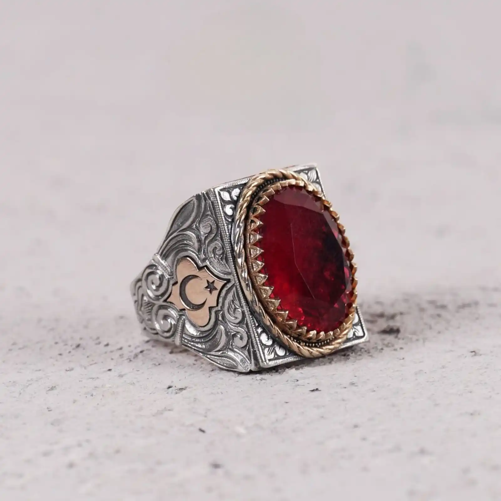 

Handcrafted Silver Ring with Red Paraiba Tourmaline Stone, Moon & Star Embroidery - Unique Gift Idea