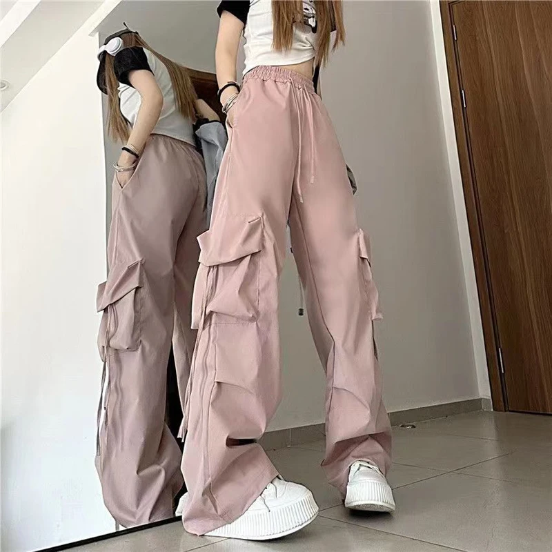 Women Y2K Cargo Pants Solid Low Waist Joggers Tech Pants Drawstring Wide Leg BaggyHip Hop Trousers Streetwear Sweatpants