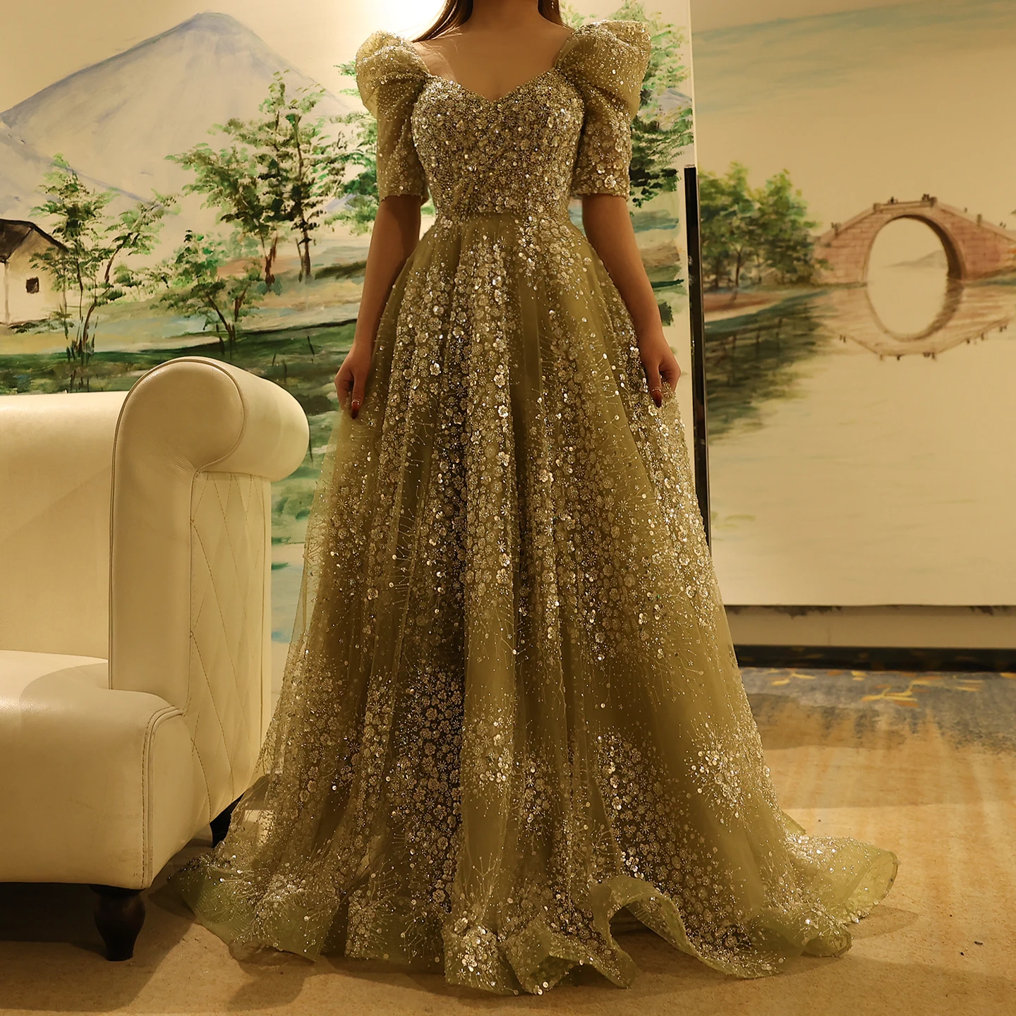 Sharon Said Glitzerndes Limonengrünes Luxus-Abendkleid aus Dubai für Arabische Hochzeiten, Verlobungen und Formelle Anlässe, Modell SS155, Maßanfertigung – Detail 13