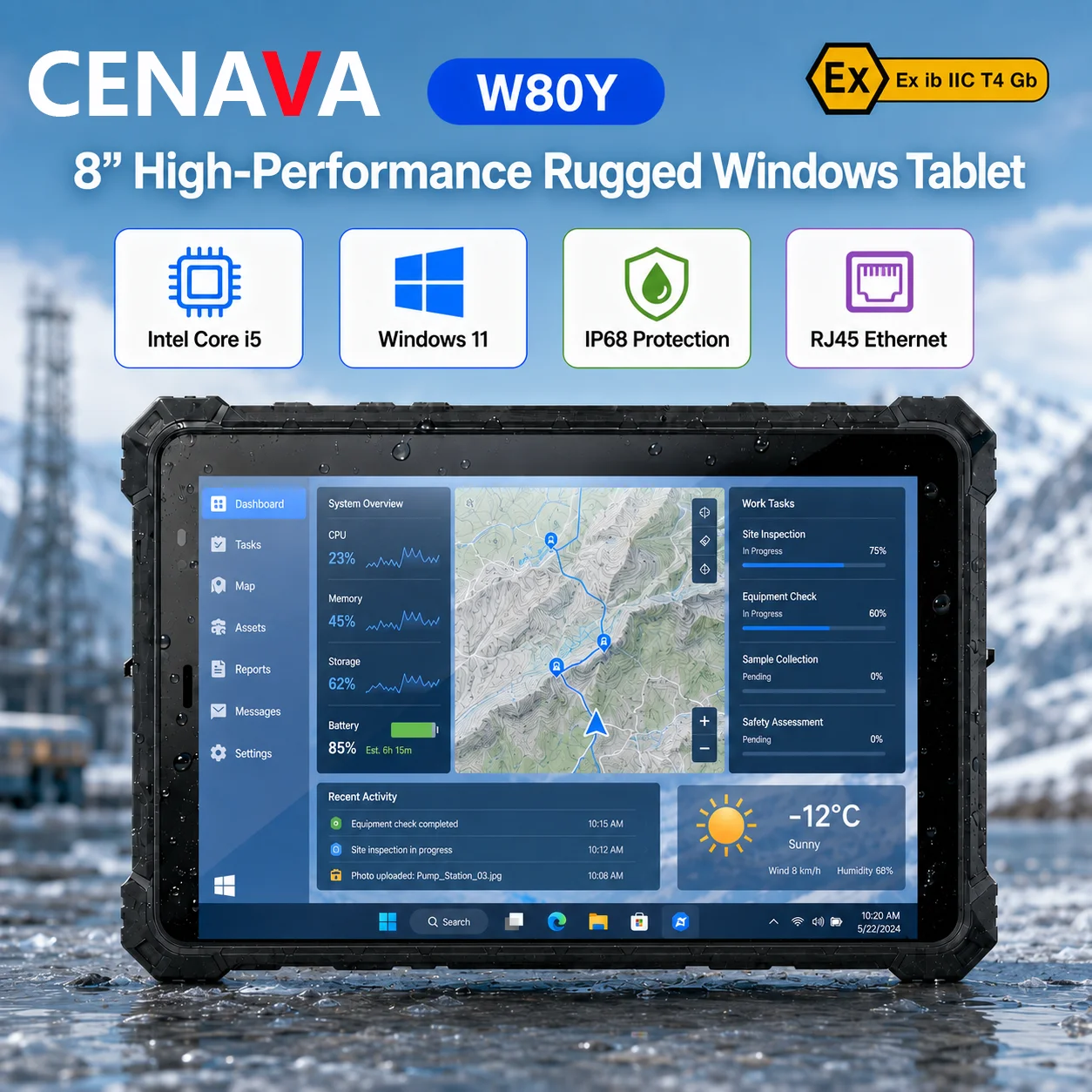 CENAVA W80Y 8 Inch IP68 Rugged Windows 11 Tablet Intel Core i5-10210Y  RJ45 GPS Low-Power Industrial Tablet PC  Customize 5G