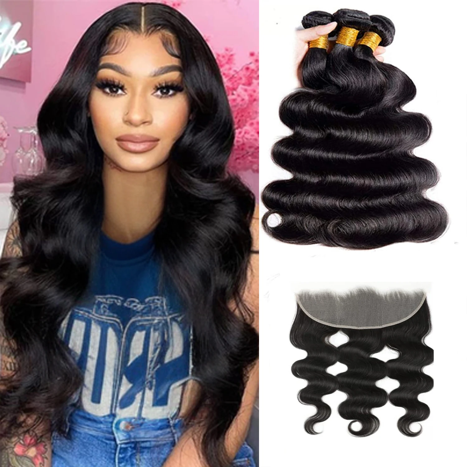 Human Hair 3 Bundles with Closure Body Wave Brazilian Virgin Hair Bundles with 13x4 HD Lace Frontal Closure Human Hair Extension