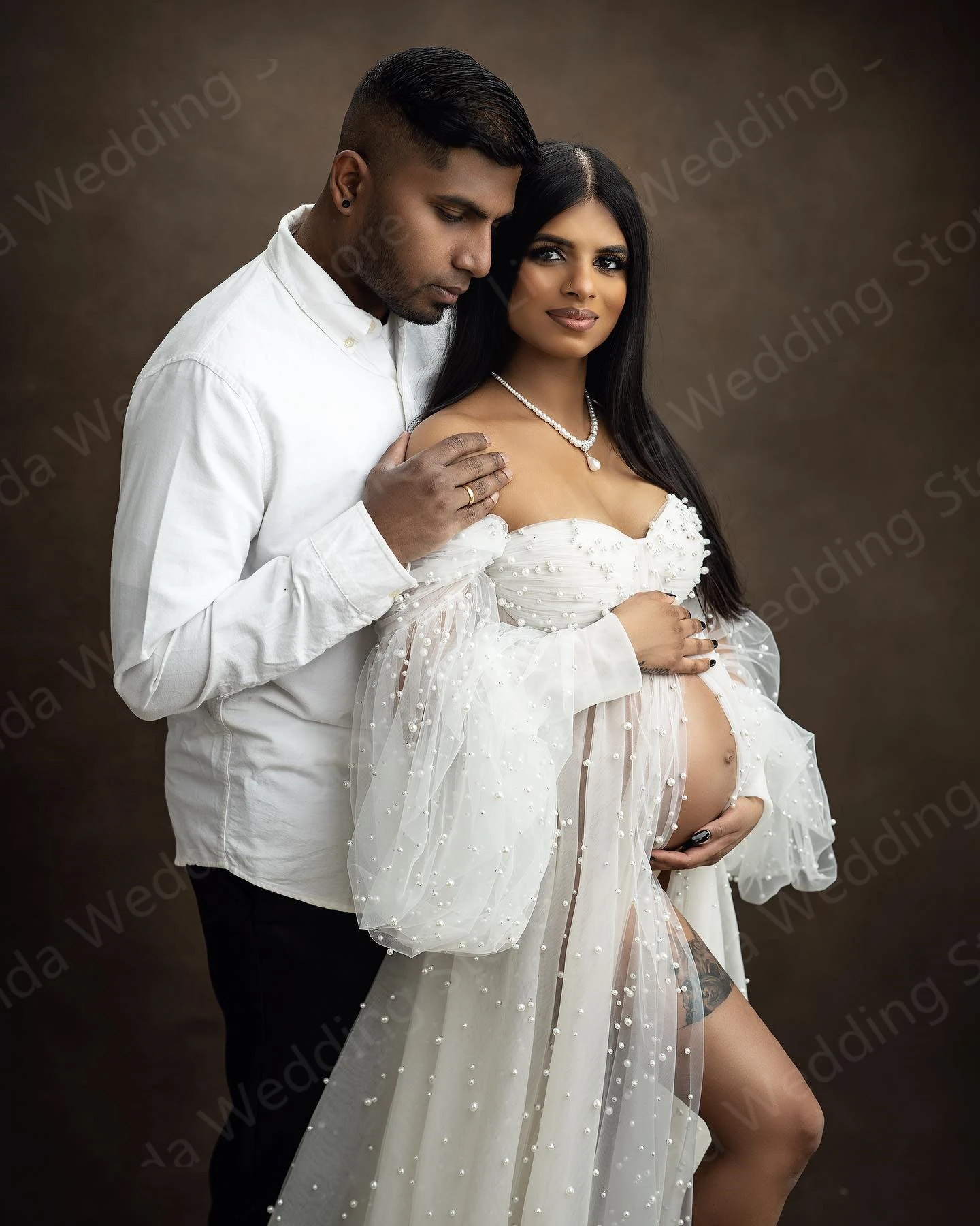 Ivory Bridal Pearls Maternity Dress for Photography Long Sleeve Pregnant Photoshoot Robe Photo Shoot Dresses Women Baby Shower