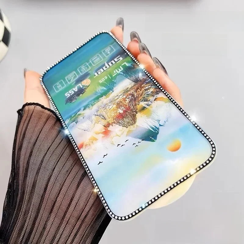 Verre trempé plaqué diamant 3D pour iphone 16 15 14 13 12 11 Pro Max, diamant stéréoscopique 3D incrusté, verre X mat Anti-regard