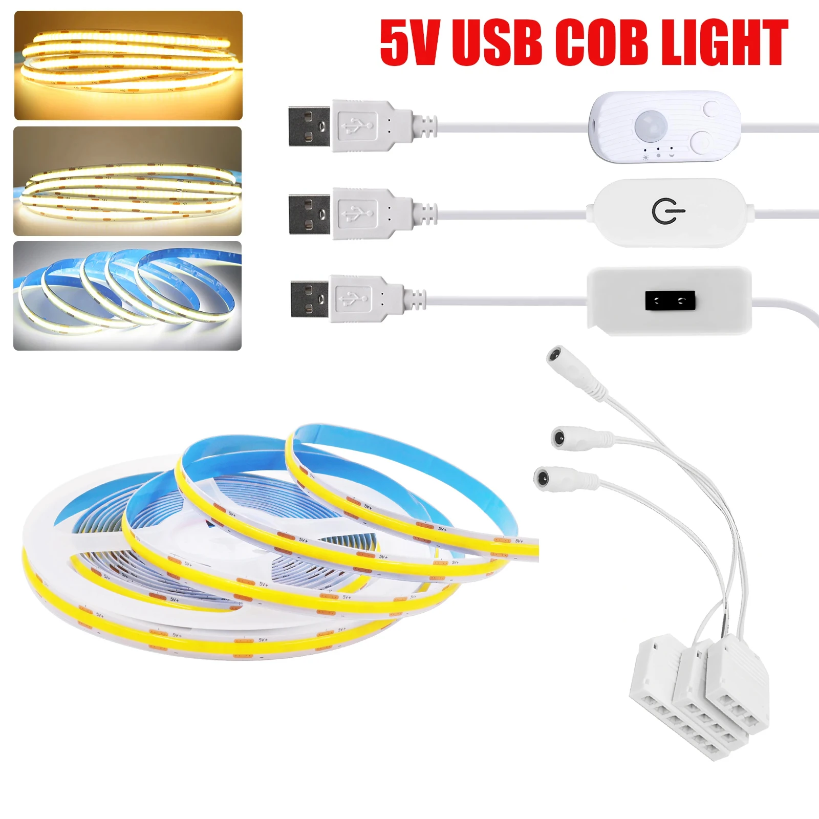 

5V USB Switch Touch Dimmable COB Light Strip, Multiple Light Strips Connectable, 320 LEDs, 3000K-6000K, Home Decor Cabinet Light