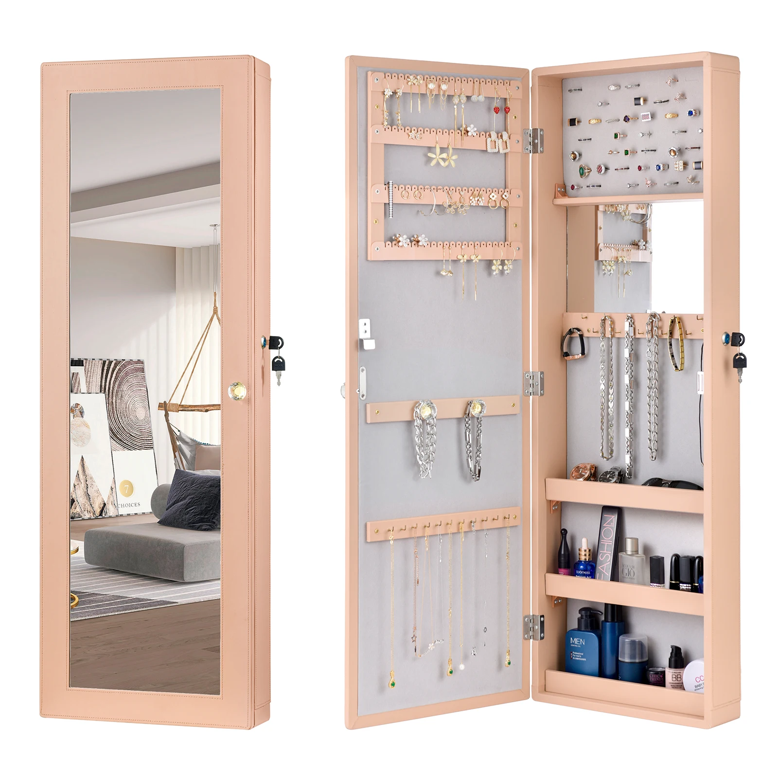 Non Full Mirror Jewelry Storage Mirror Cabinet Wooden Leather Wall Mounted 3-Layer Shelf With Inner Mirror Peach[US-Stock]