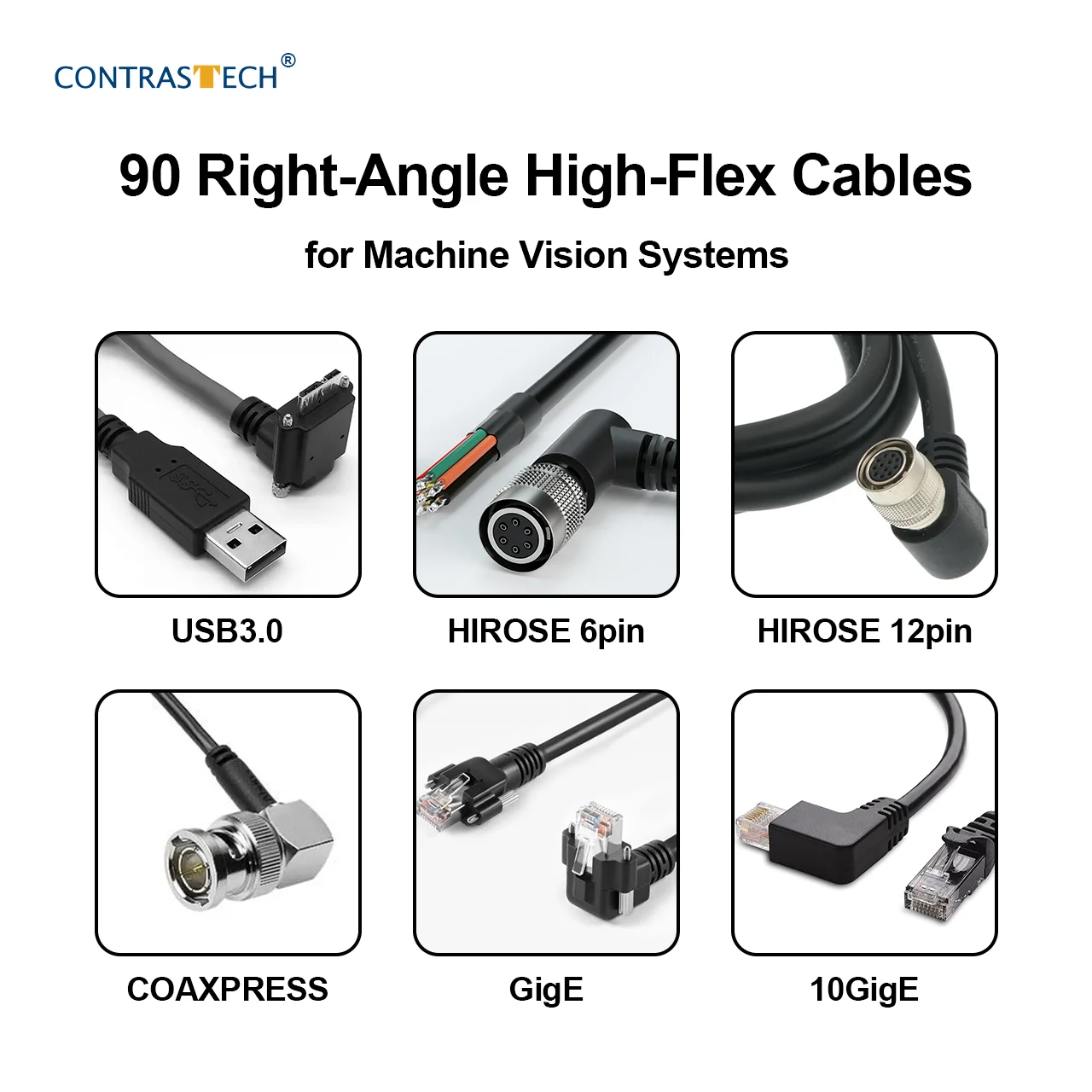 High-Flex 90° Industrial Camera Cable USB3.0 GigE 10GigE CoaXPress HIROSE 6Pin 12Pin Right Angle Cable For Motion Vision Systems