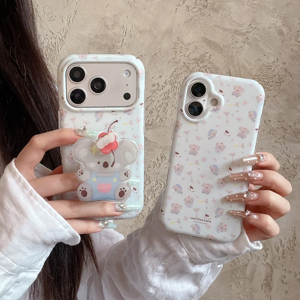 Kawaii Cherry Cartoon Koala Phone Case for iPhone 18 Pro 17 Max 15 16 17 18 Pro Max 16 Pro New Cute Shockproof Cases with Holder