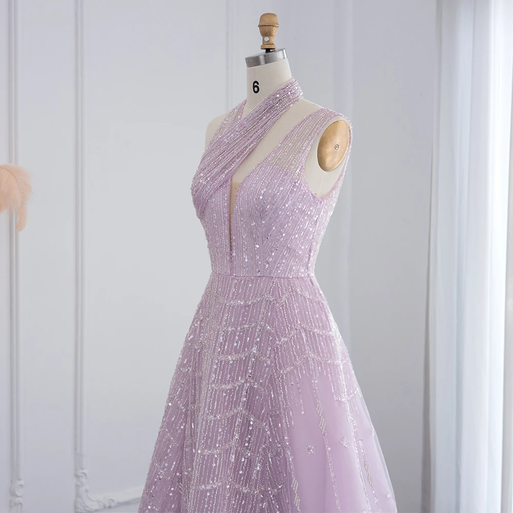 Sharon Said Luxuriöse Dubai Perlenbesetzte Neckholder-Abendkleider in Flieder für Hochzeitsfeier Elegante Arabische Formelle Kleider SS329 Maßanfertigung – Detail 7