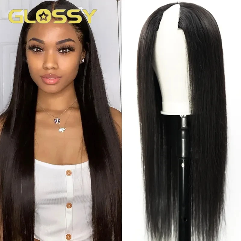 250 Density Straight V Part Wig 100% Human Hair For Women 30 34 Inch Cheap Brazilian No Glue Straight Wigs On Clearance Sale