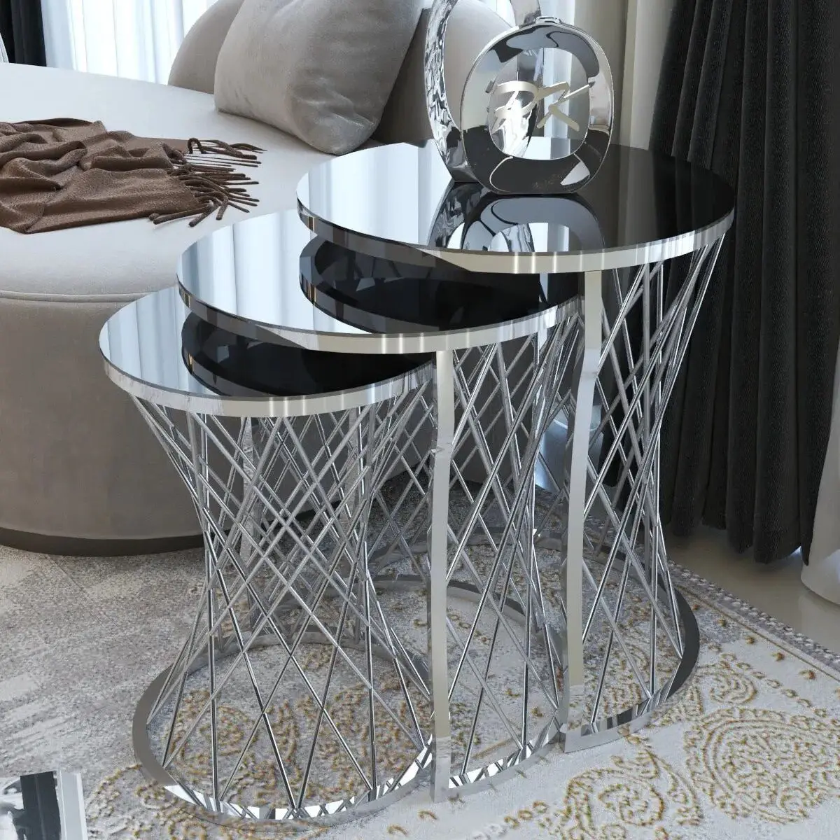 Decorative Set of 3 Wicker Nesting Table Gold Silver Unbreakable Tempered Glass Luxury Coffee Table Set 3Pcs Furniture Accessory