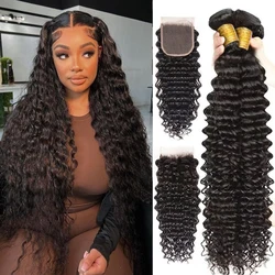 Human Hair Bundles with Closure Deep Wave 3 Bundles with 4x4 HD Lace Closure Brazilian Virgin Hair Weft Human Hair Natural Color