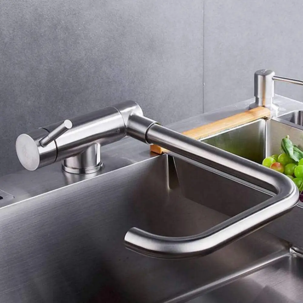 Grifo de cocina plegable para instalación bajo ventana, 360 ° Grifo giratorio de acero inoxidable en SUS304 con acabado cepillado, mezclador monomando para agua fría y caliente